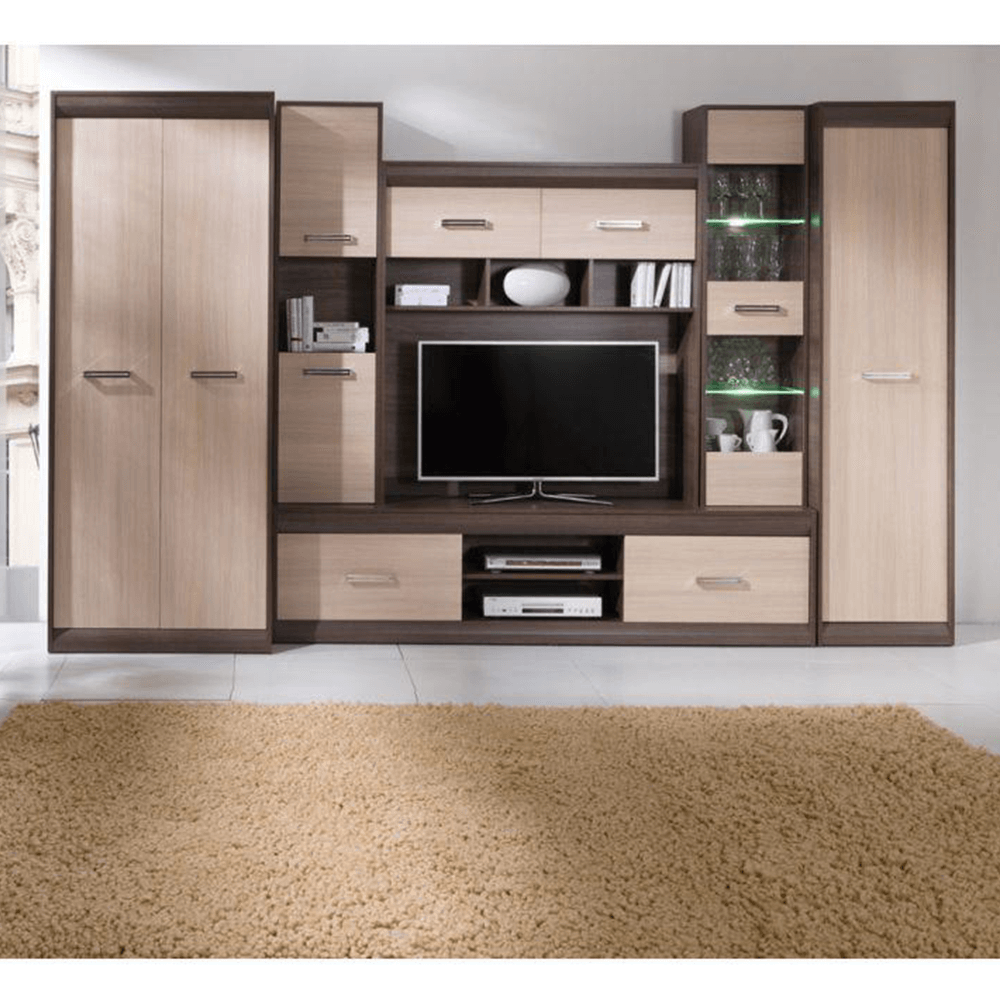 Mobilă de living, PAL/MDF, stejar deschis/stejar închis, KORINA