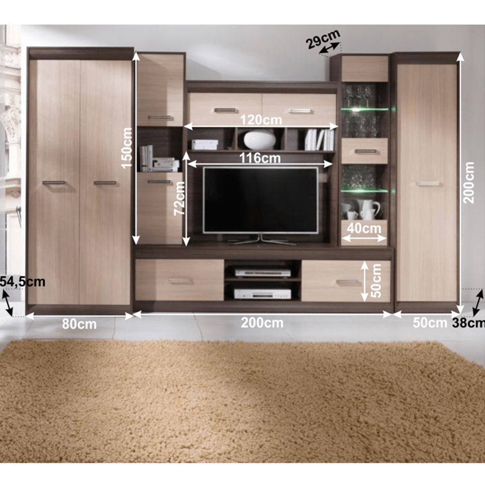 Mobilă de living, PAL/MDF, stejar deschis/stejar închis, KORINA