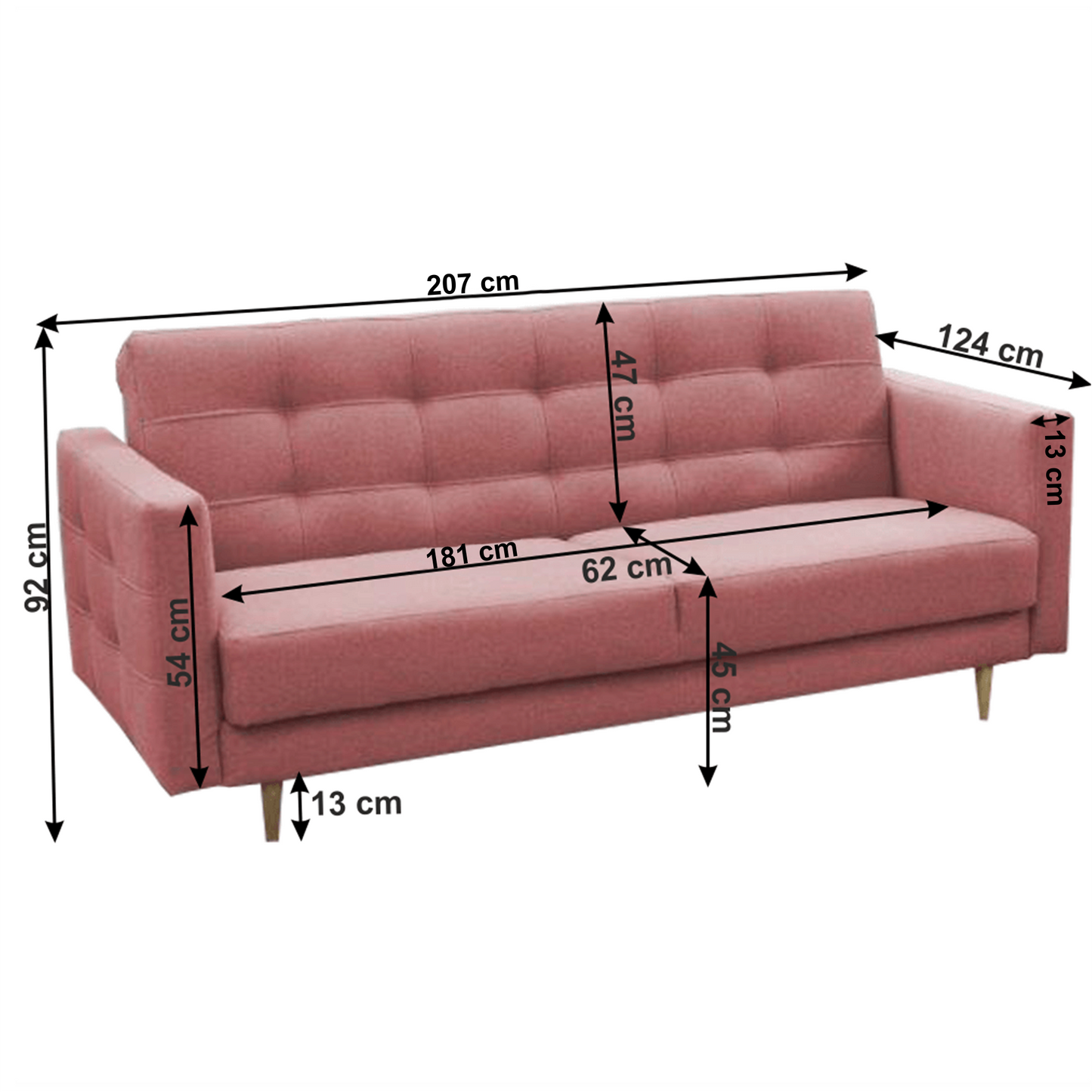 Canapea tapiţată cu 3-locuri, material textil roz învechit, AMEDIA