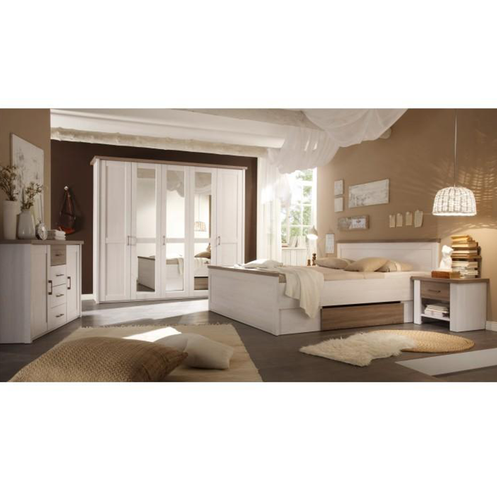 Pat + 2x noptiere, pin alb/stejar sonoma trufă, LUMERA