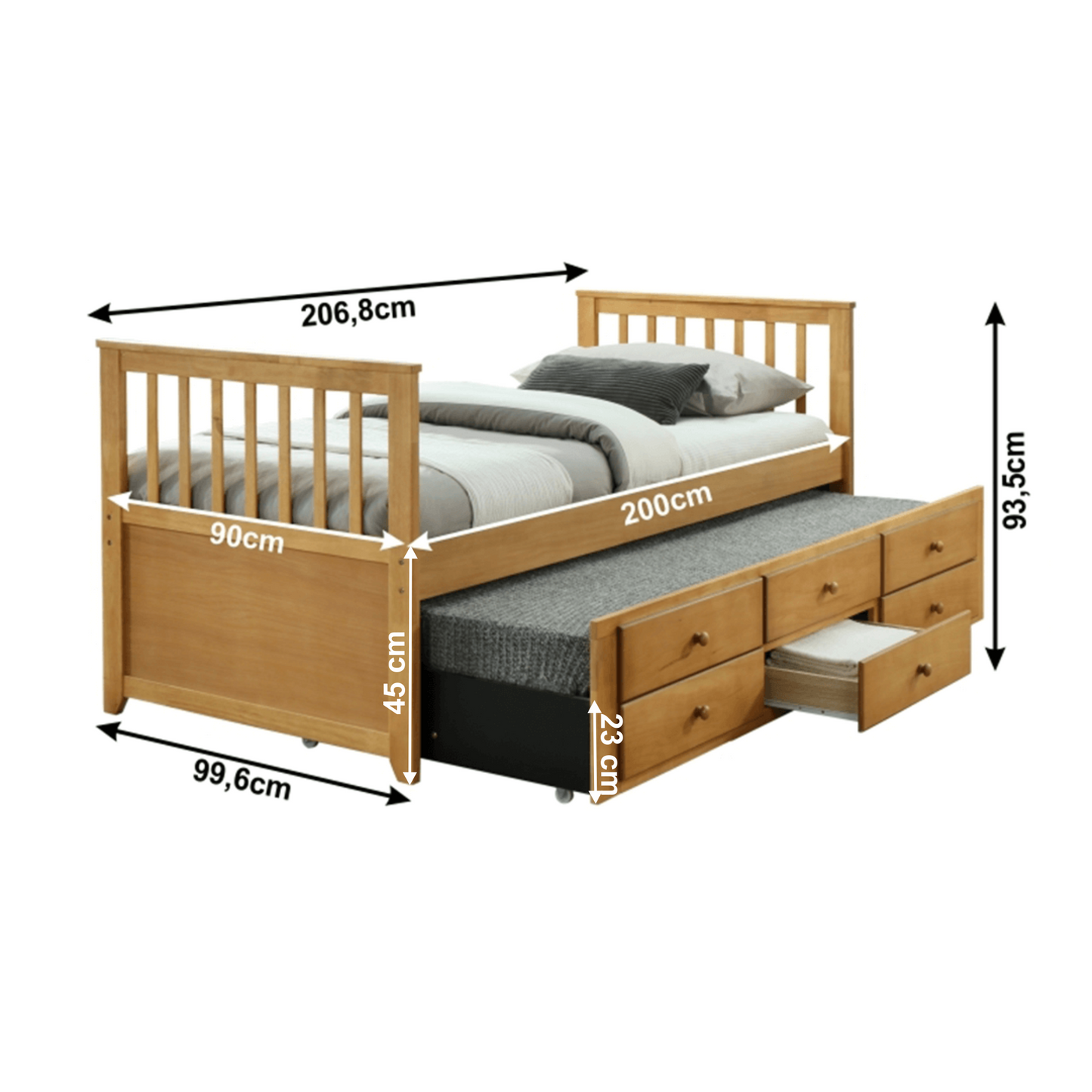 Pat cu un pat suplimentar, 90x200, stejar, AUSTIN NEW