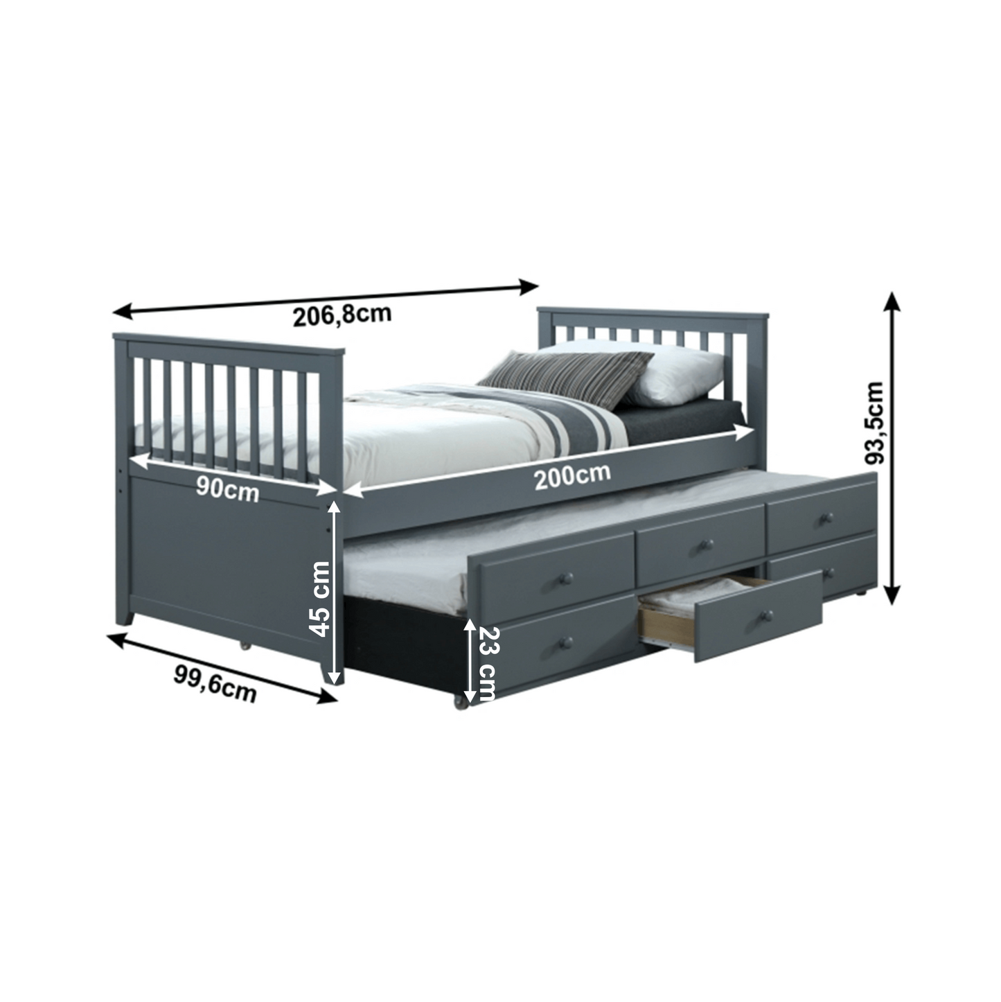 Pat cu un pat suplimentar, 90x200, gri, AUSTIN NEW