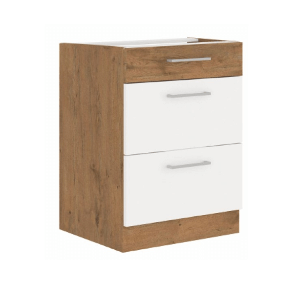 Cabinet inferior, alb extra lucios HG/stejar Lancelot, VEGA D60 3S BB