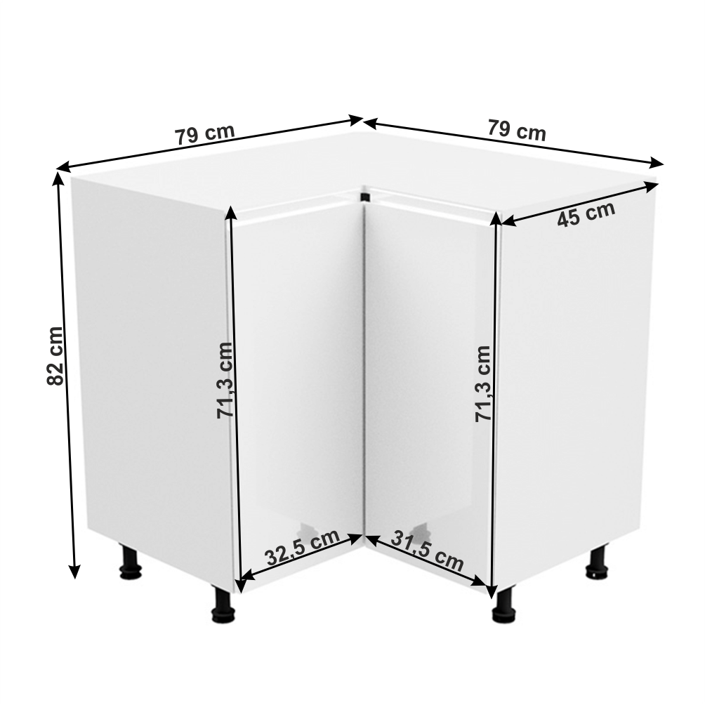 Dulap inferior colţ, alb/alb luciu extra ridicat, AURORA D90N
