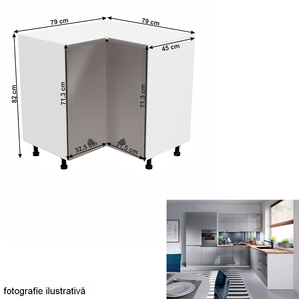 Dulap inferior de colţ, alb/gri extra lucios, AURORA D90N