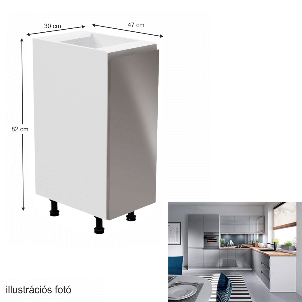Dulap inferior, alb/gri extra lucios, dreapta, AURORA D30