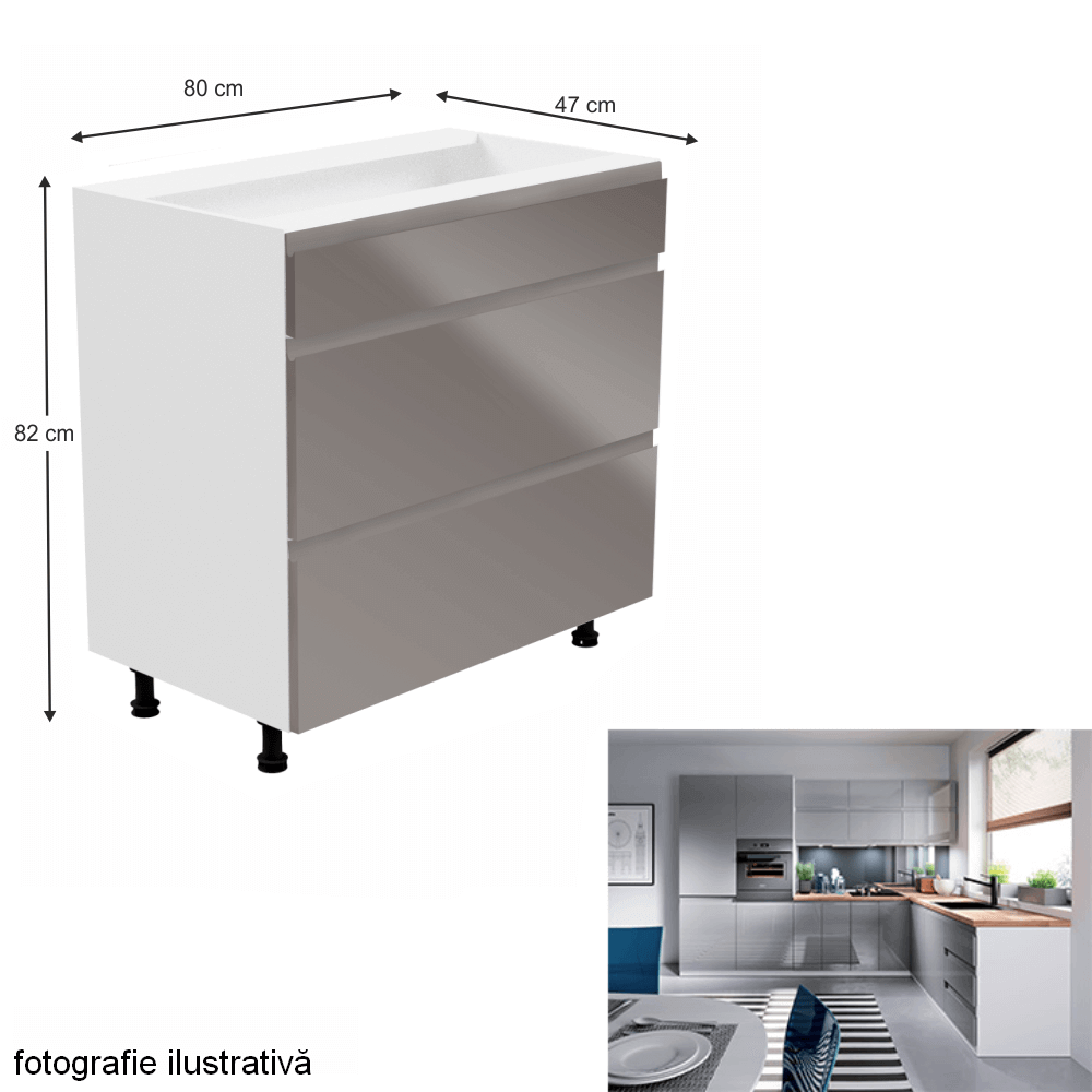 Dulap inferior, alb/gri extra lucios, AURORA D80S3