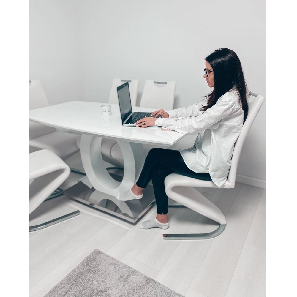 Masă dining, alb extra lucios HG/oţel, 150x80 cm, ZARNI