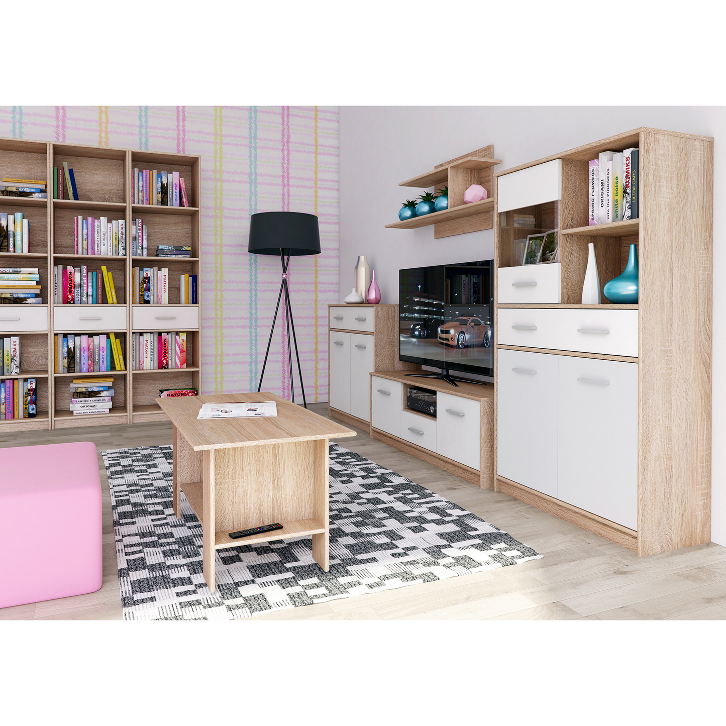 Comodă 3D2S, alb/stejar sonoma, TEYO