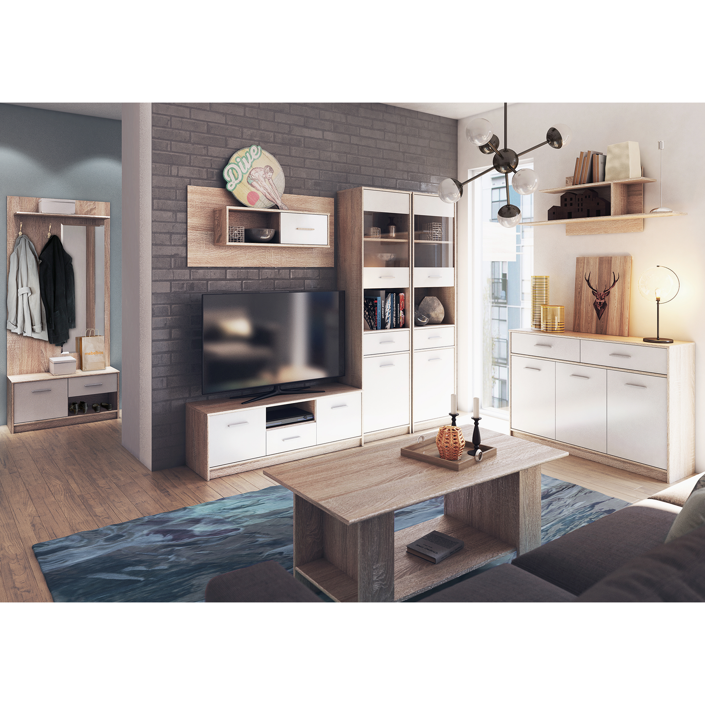 Comodă 3D2S, alb/stejar sonoma, TEYO