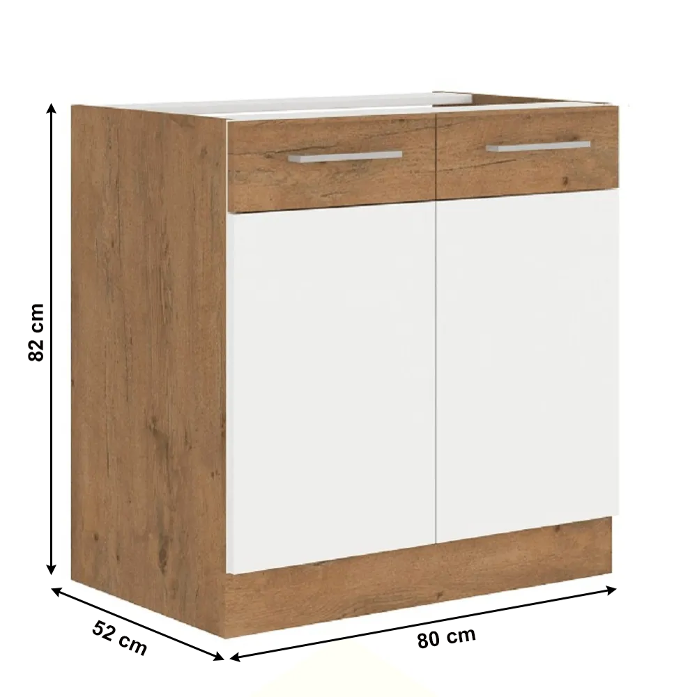 Cabinet inferior, alb extra lucios HG/stejar Lancelot, VEGA 80 D 2F BB