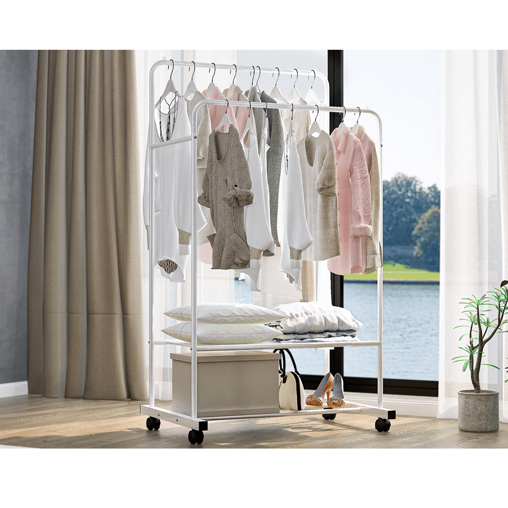 Cuier mobil cu două rânduri de rafturi, alb, RAINER