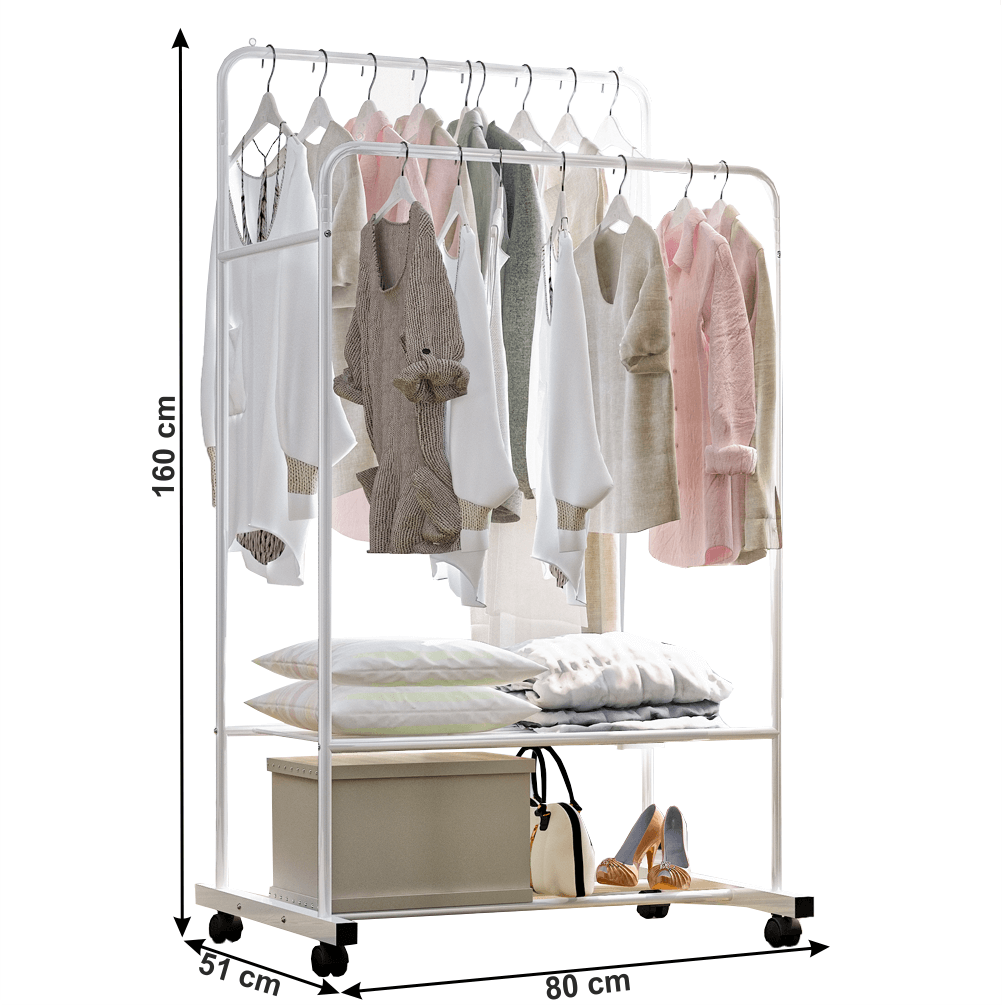 Cuier mobil cu două rânduri de rafturi, alb, RAINER