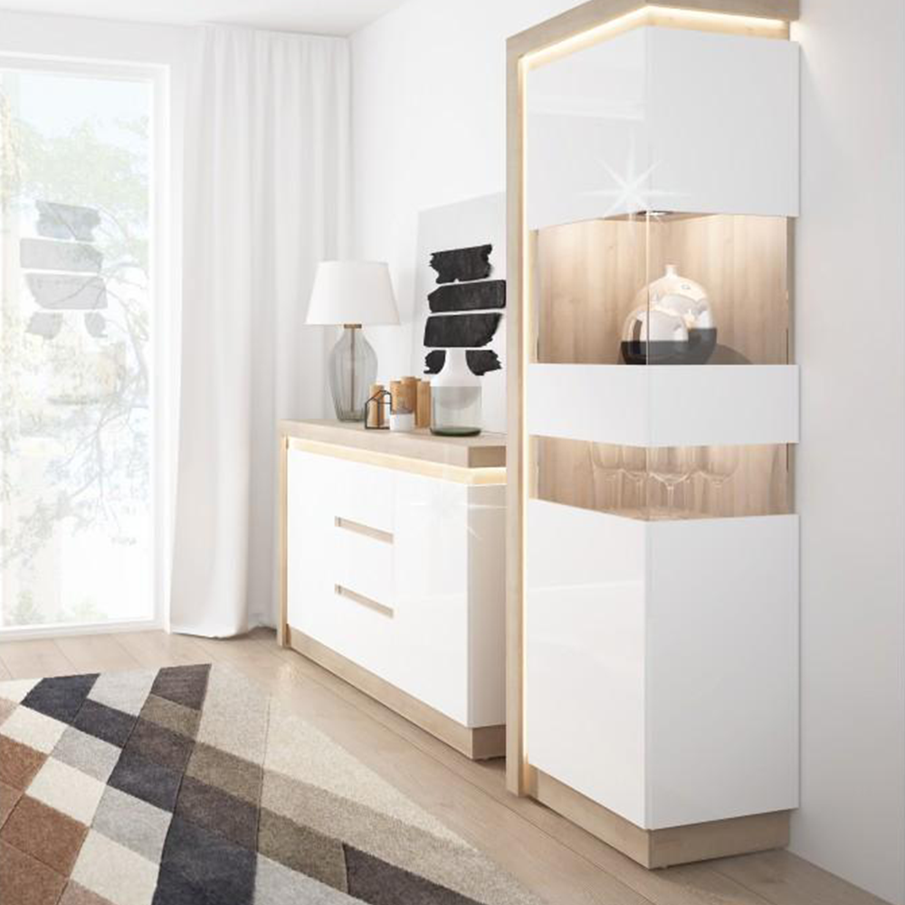 Vitrină LYOV01P, stejar riviera/alb cu luciu extra ridicat, LEONARDO