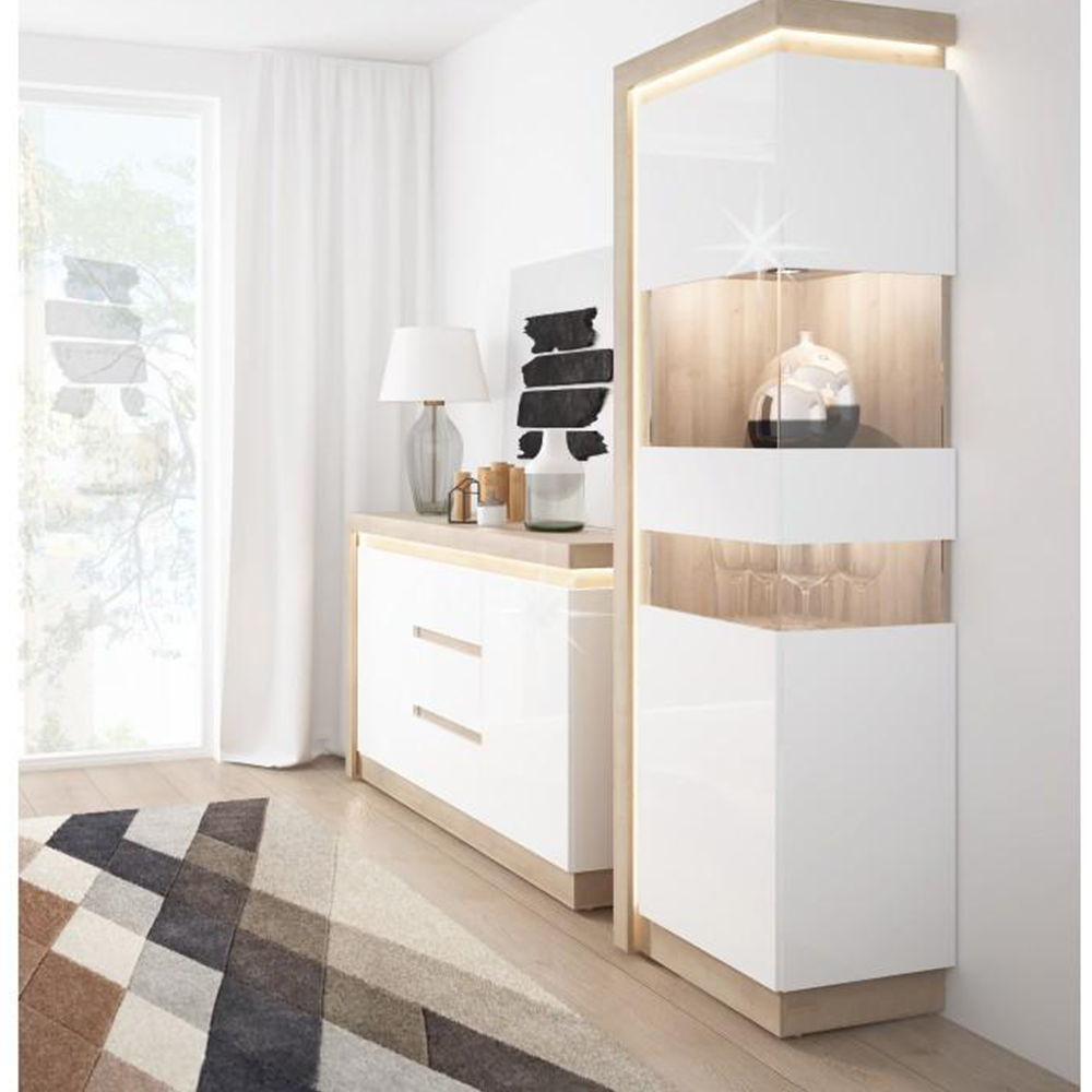 Vitrină LYOV01L, stejar riviera/alb cu luciu extra ridicat, LEONARDO