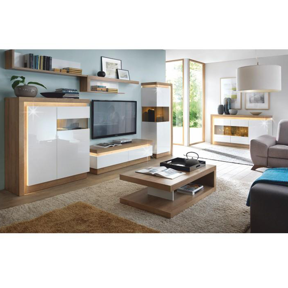 Vitrină LYOV01L, stejar riviera/alb cu luciu extra ridicat, LEONARDO