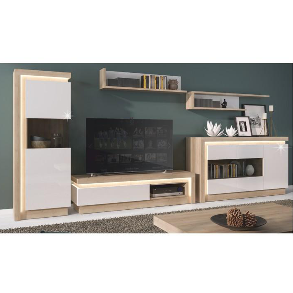 Vitrină LYOV01P, stejar riviera/alb cu luciu extra ridicat, LEONARDO