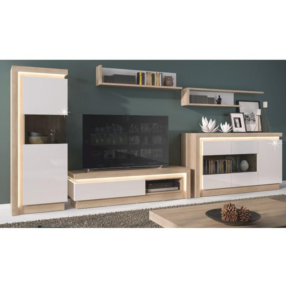 Vitrină LYOV01L, stejar riviera/alb cu luciu extra ridicat, LEONARDO