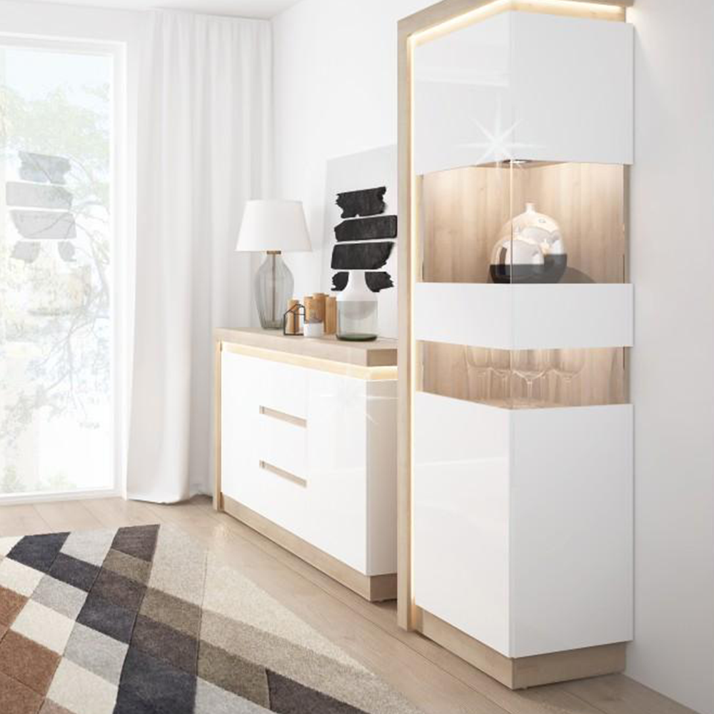 Vitrină LYOV03P, stejar riviera/alb cu luciu extra ridicat, LEONARDO