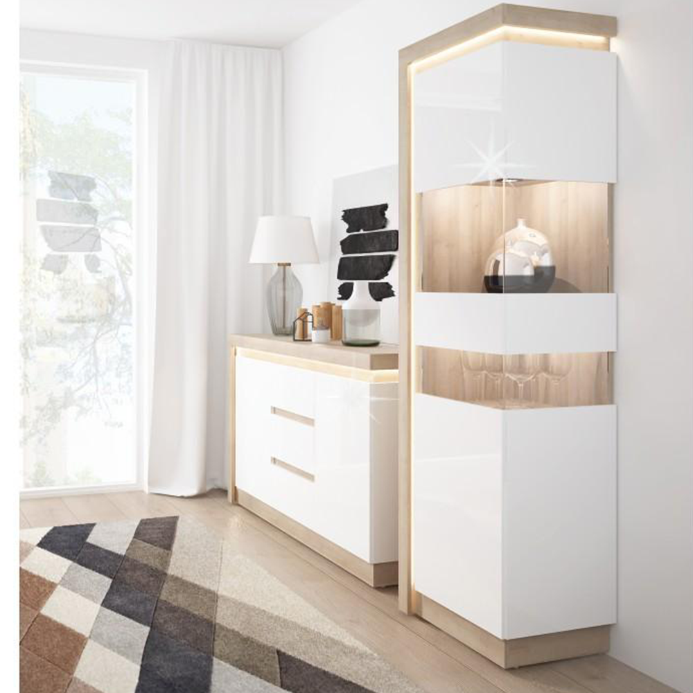 Vitrină LYOV03L, stejar riviera/alb cu luciu extra ridicat, LEONARDO