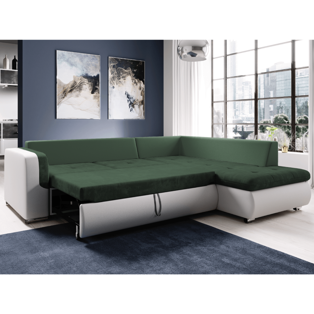 Canapea extensibilă, alb/verde, dreapta, FURUD L ROH