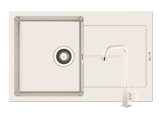 Set chiuveta granit ITHAKA 1B1D 79x50 si baterie ADELITA Snow