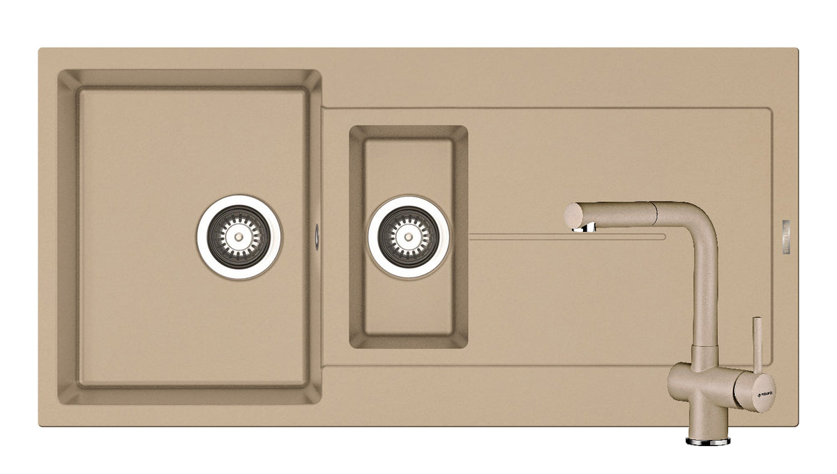 Set chiuveta granit ITHAKA 1 1/2B 1D 100x50 si baterie CAPRICCIO Drak Beige