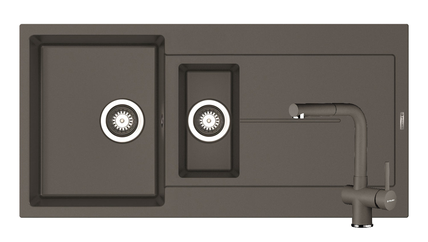 Set chiuveta granit ITHAKA 1 1/2B 1D 100x50 si baterie CAPRICCIO Iron Grey