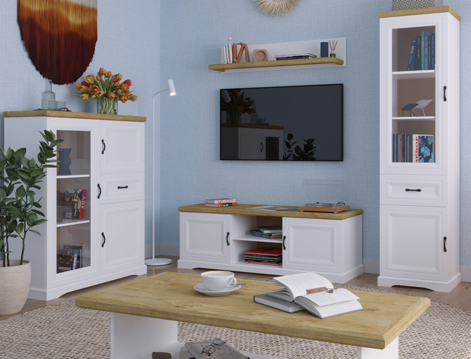 RIVA Comoda RTV2D, alb/ stejar harbor, 150 x 45 x 55 cm