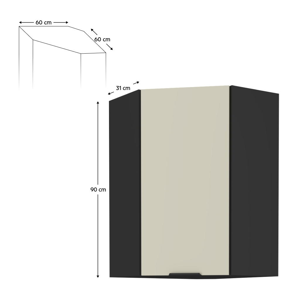 Dulap de colţ superior, caşmir/negru, ARAKA 60x60 GN-90 1F