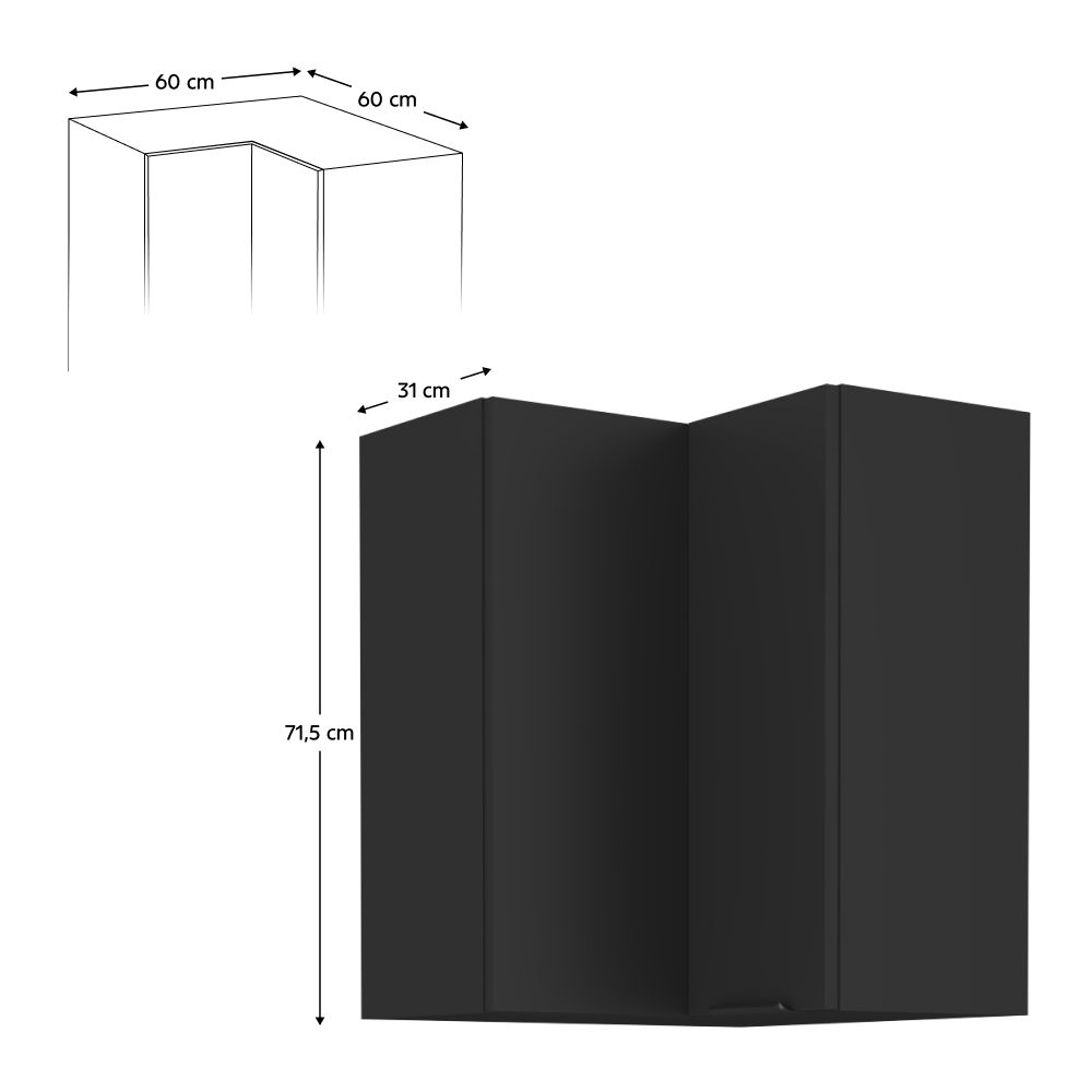 Dulap de colţ superior, negru, SIBER 60x60 GN-72 2F