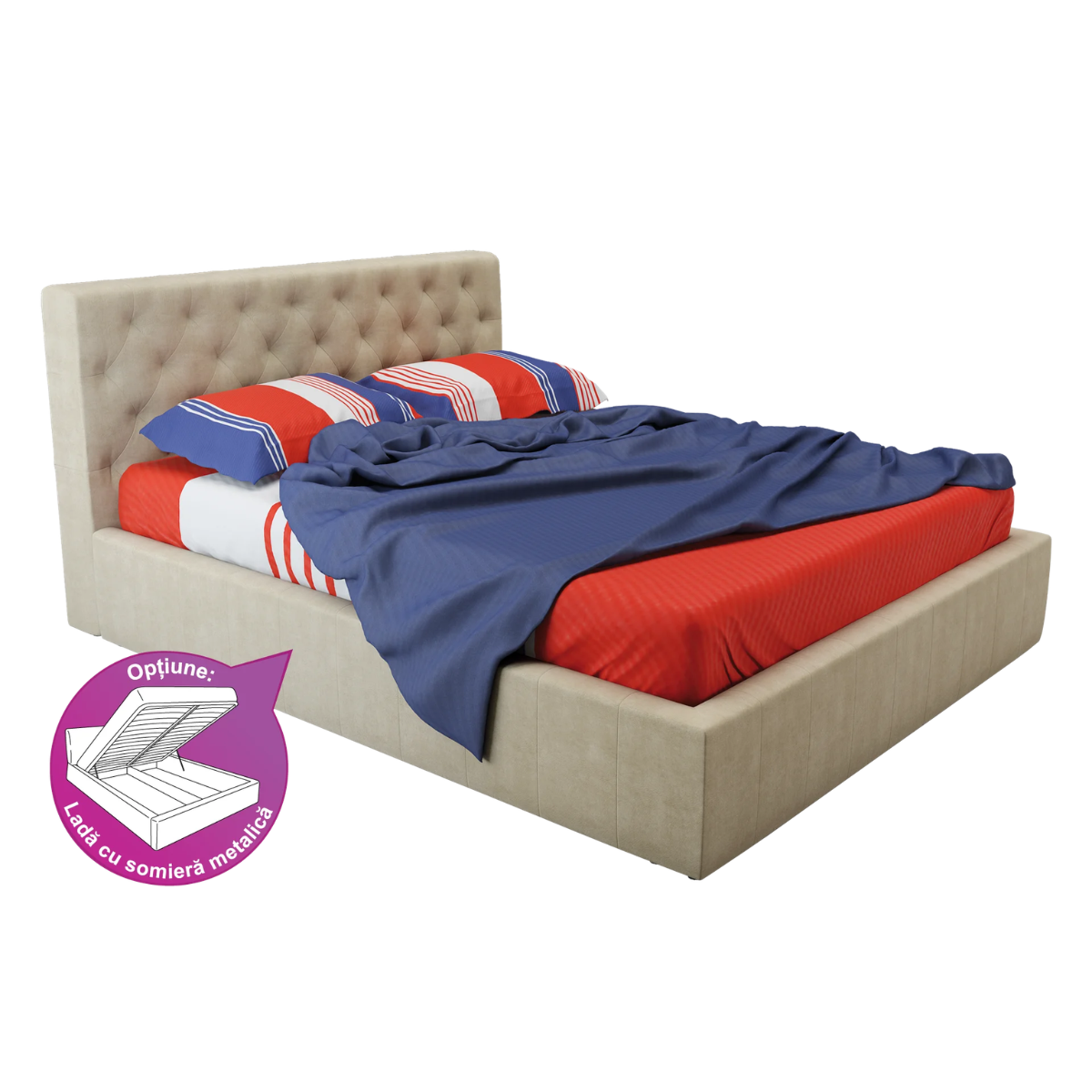 Pachet pat California tapițat integral + suport saltea sau 2 perne decorative