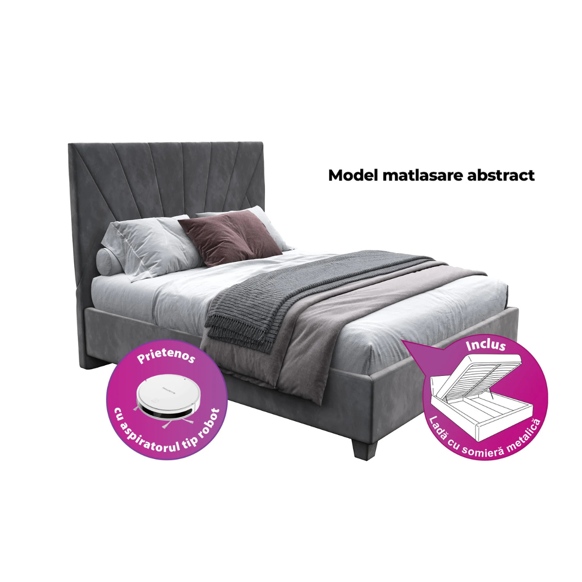 Pachet pat City tapițat integral + 2 perne decorative