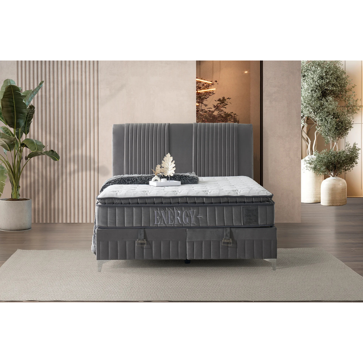 Pachet pat Energy tapițat integral cu saltea inclusă + perna decorativa