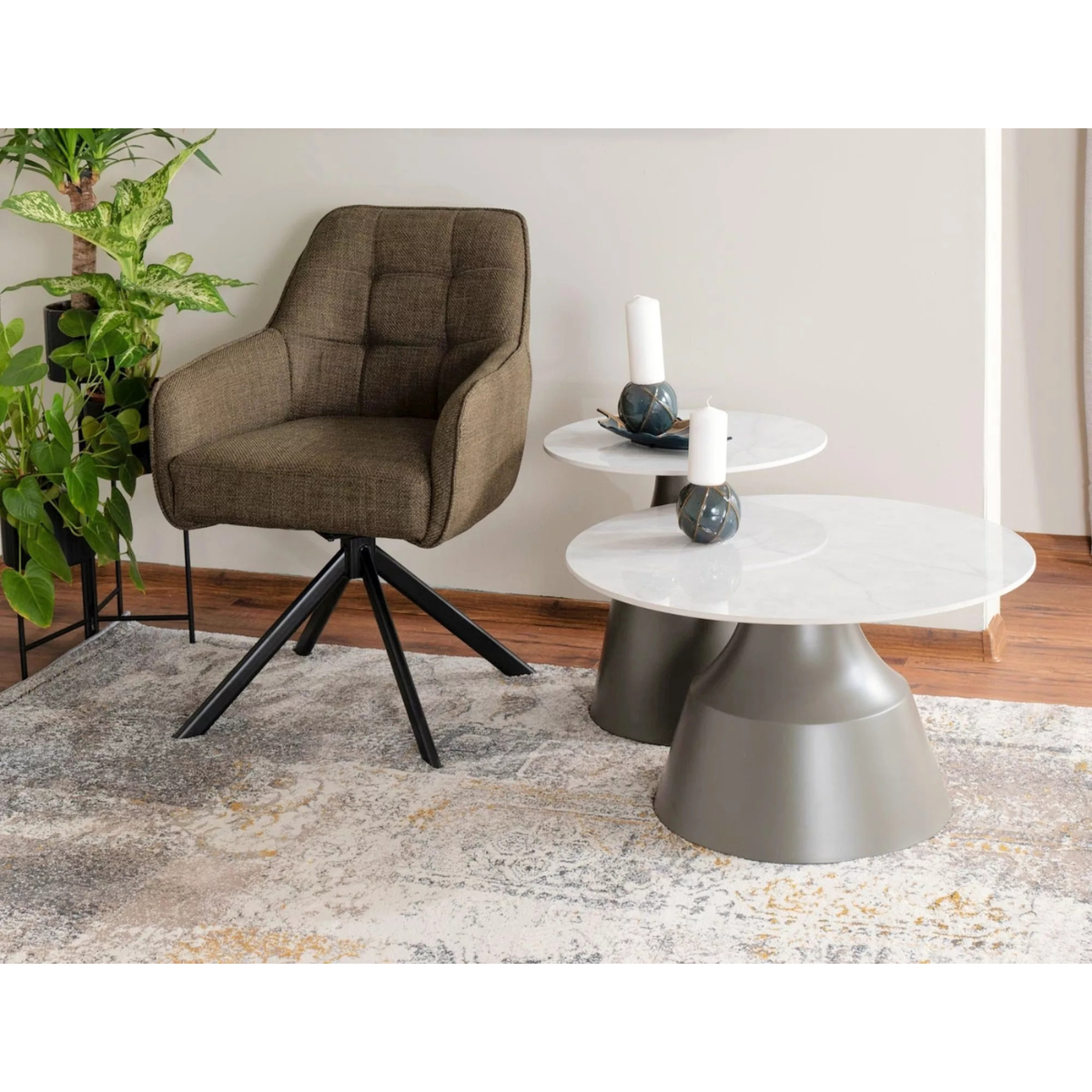 Set masute cafea Itaka, blat ceramic alb/ gri mat  + metal, 50 x 50 cm/ 70 x 40 cm
