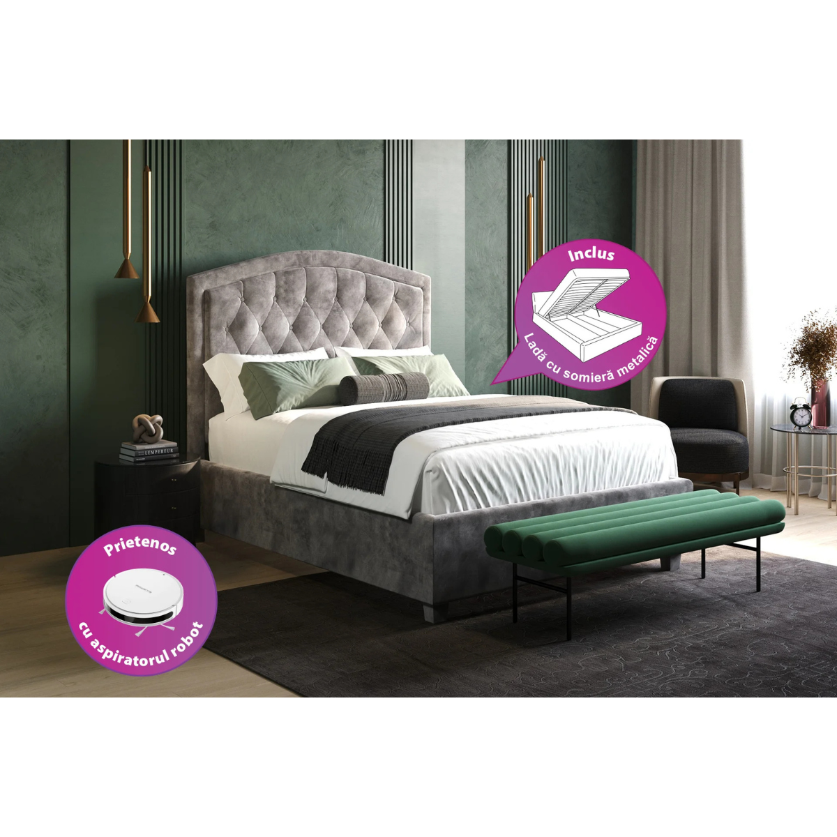 Pachet pat Luxor tapițat integral + 2 perne decorative