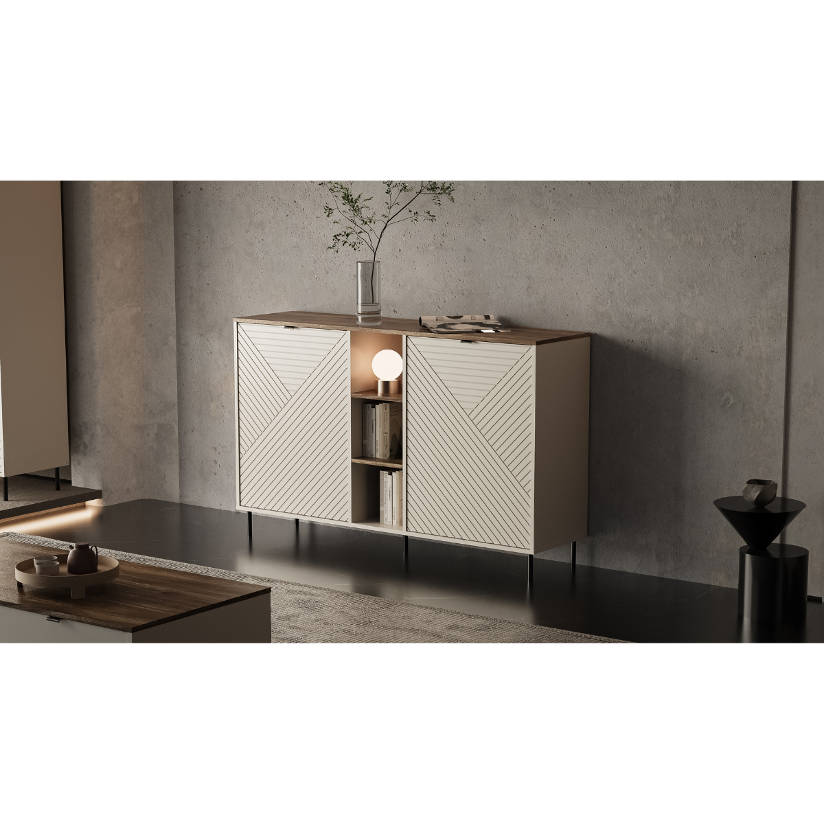 MIRAGE Comoda 2D rafturi (MR8), casmir/ stejar castelo, 153.4 x 40 x 95.4