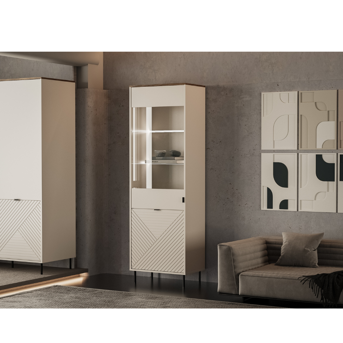 MIRAGE Vitrina mare (MR96), casmir/ stejar castelo, 63.4 x 40 x 194.6 cm