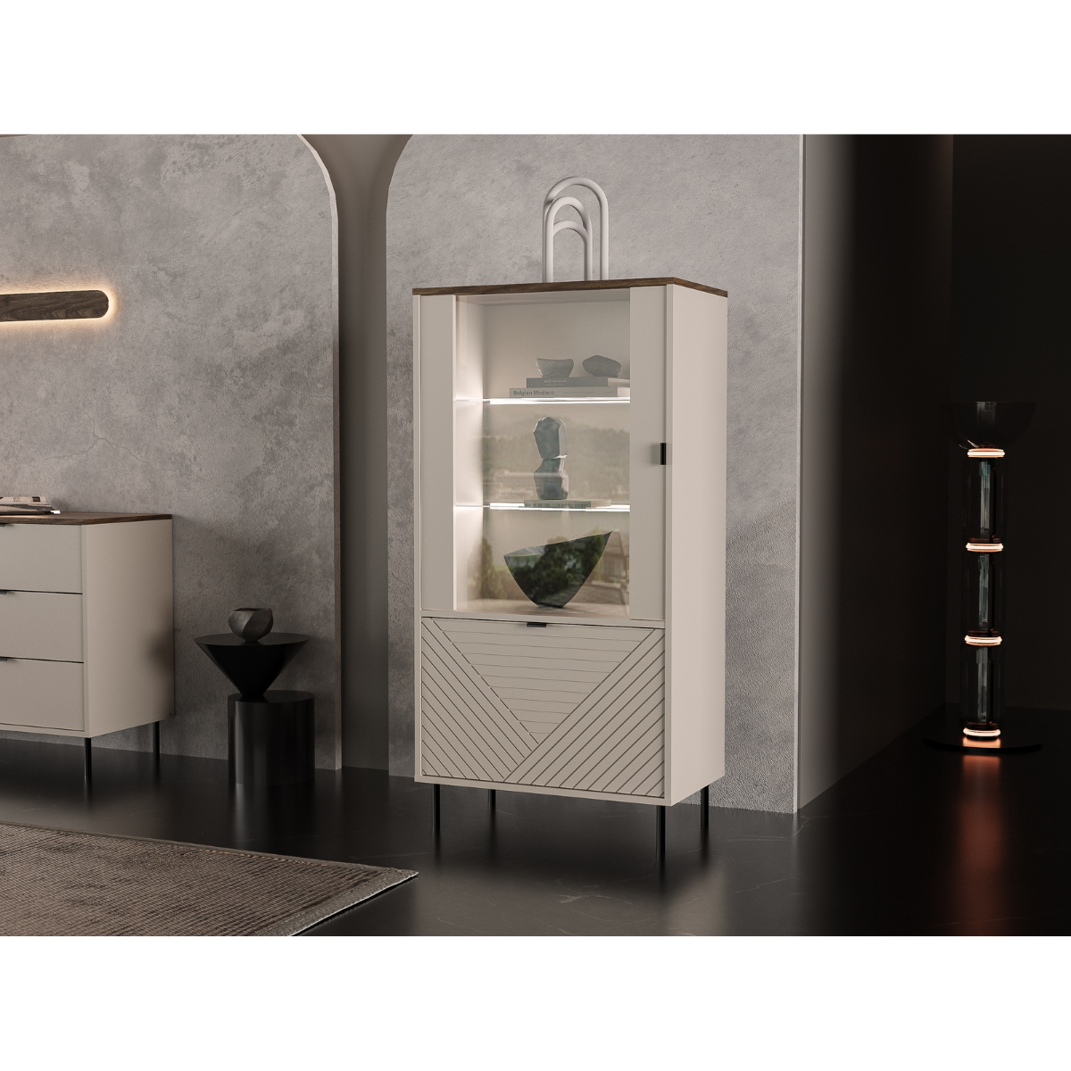 MIRAGE Vitrina mica (MR7), casmir/ stejar castelo, 63.5 x 40 x 135.2 cm