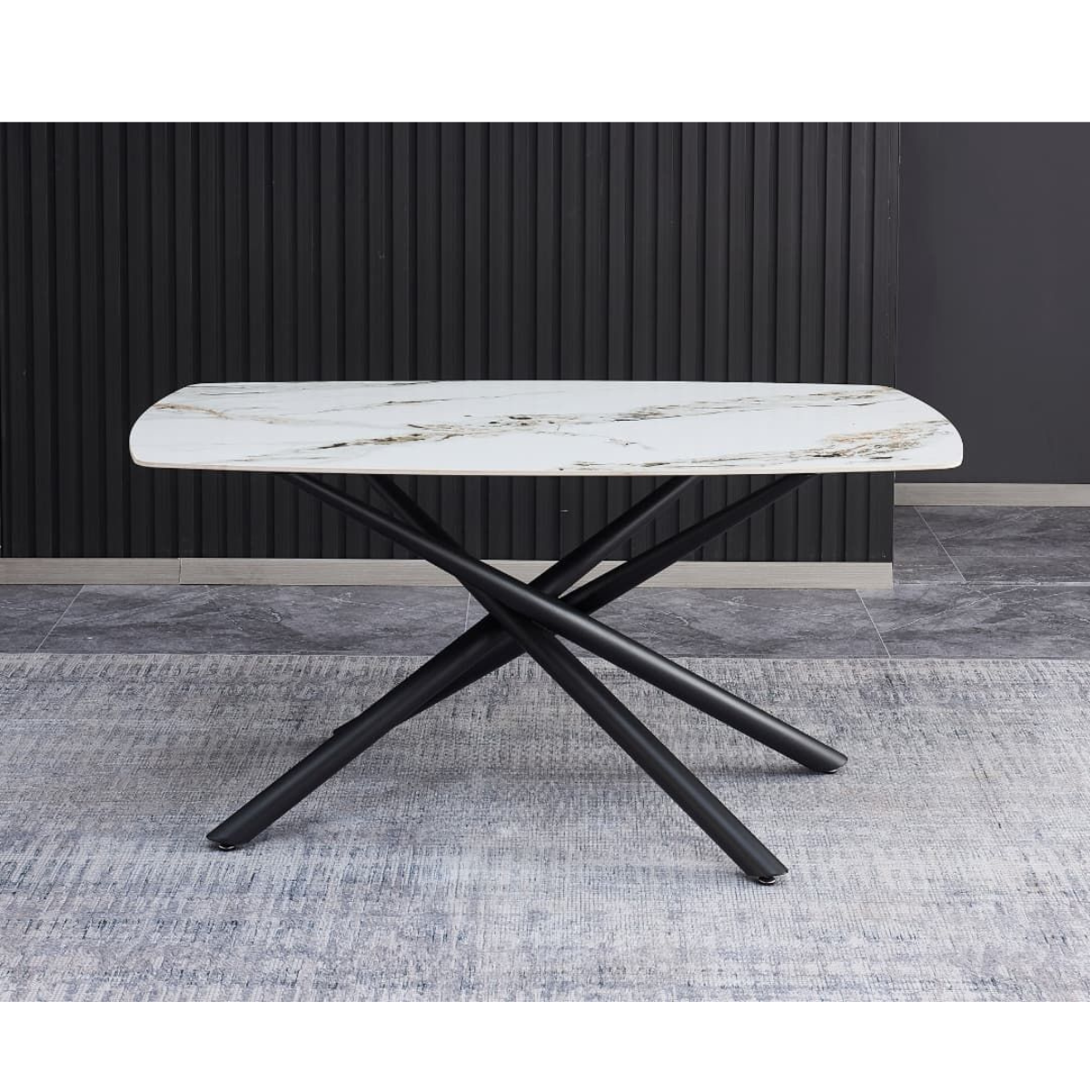 Masa fixa Linus, ceramica alba cu aspect marmorat, 160 x 90 x 76 cm