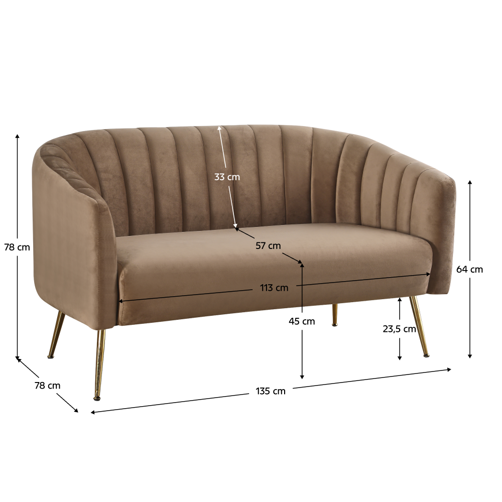 Canapea de design cu 2 locuri, ţesătură Velvet maro/gold crom-auriu, BAGY