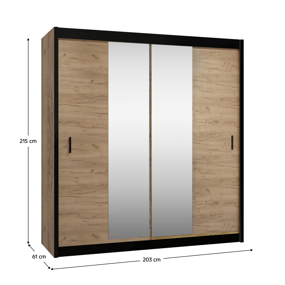 Dulap cu uşi glisante, negru / stejar craft, 203x215 cm, CRAFT