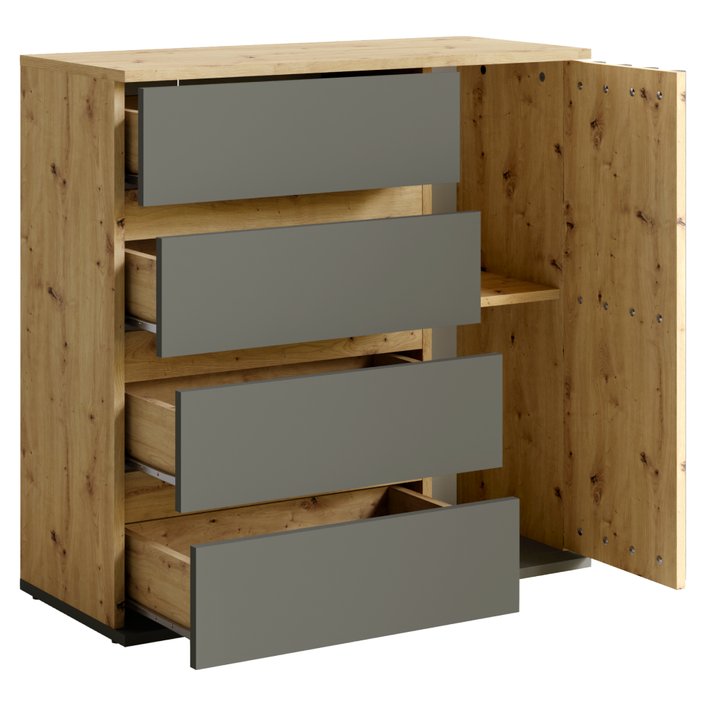 Comodă, 1D4s grafit/stejar artisan, DERIS