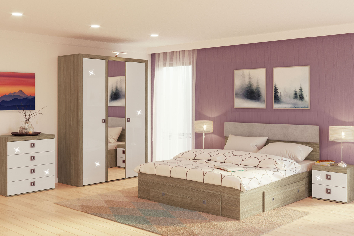 Dormitor Domino Havana cu șifonier 3 uși L147 și pat cu 3 sertare - Main Image