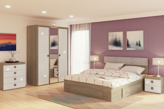 Dormitor Domino Havana cu șifonier 3 uși L147 și pat cu 3 sertare - Main Image