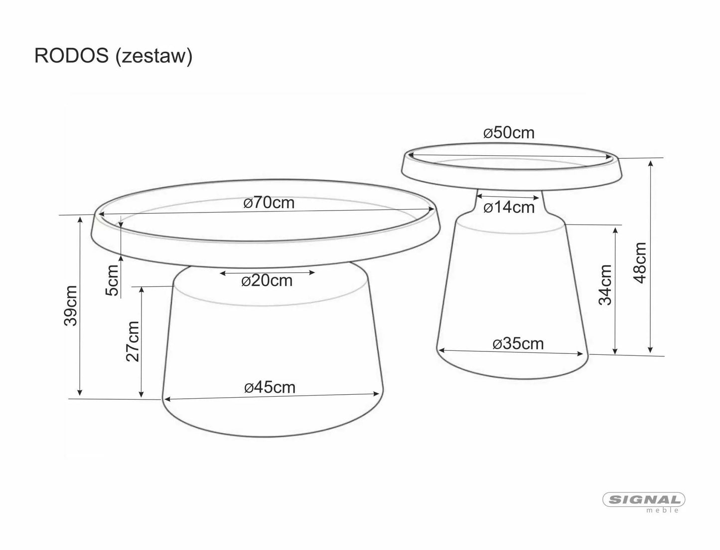 Set 2 masute de cafea Rodos, gri deschis/ metal, 50 * 50cm/ 70 * 40 cm
