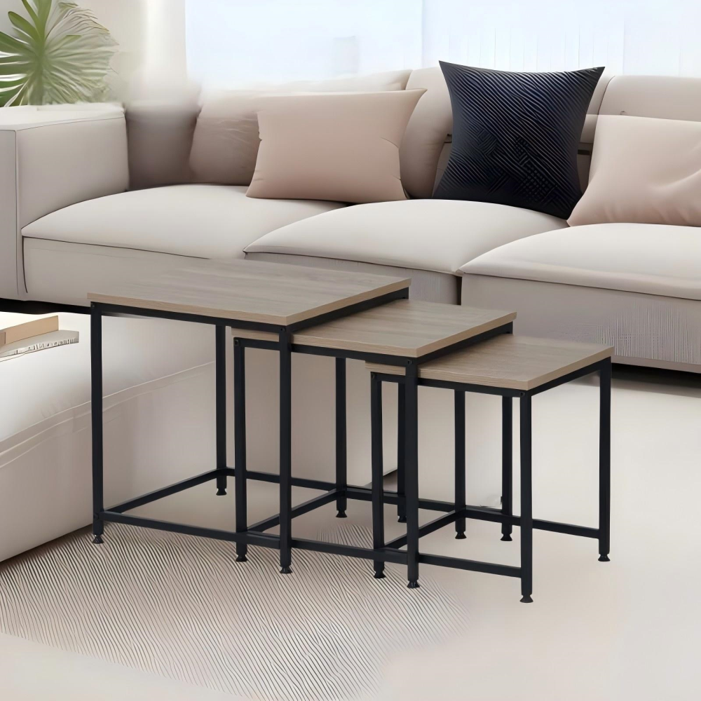 Măsuţe de cafea, set de 3 buc., stejar sonoma/negru, KASTLER 2 NEW TYP 3