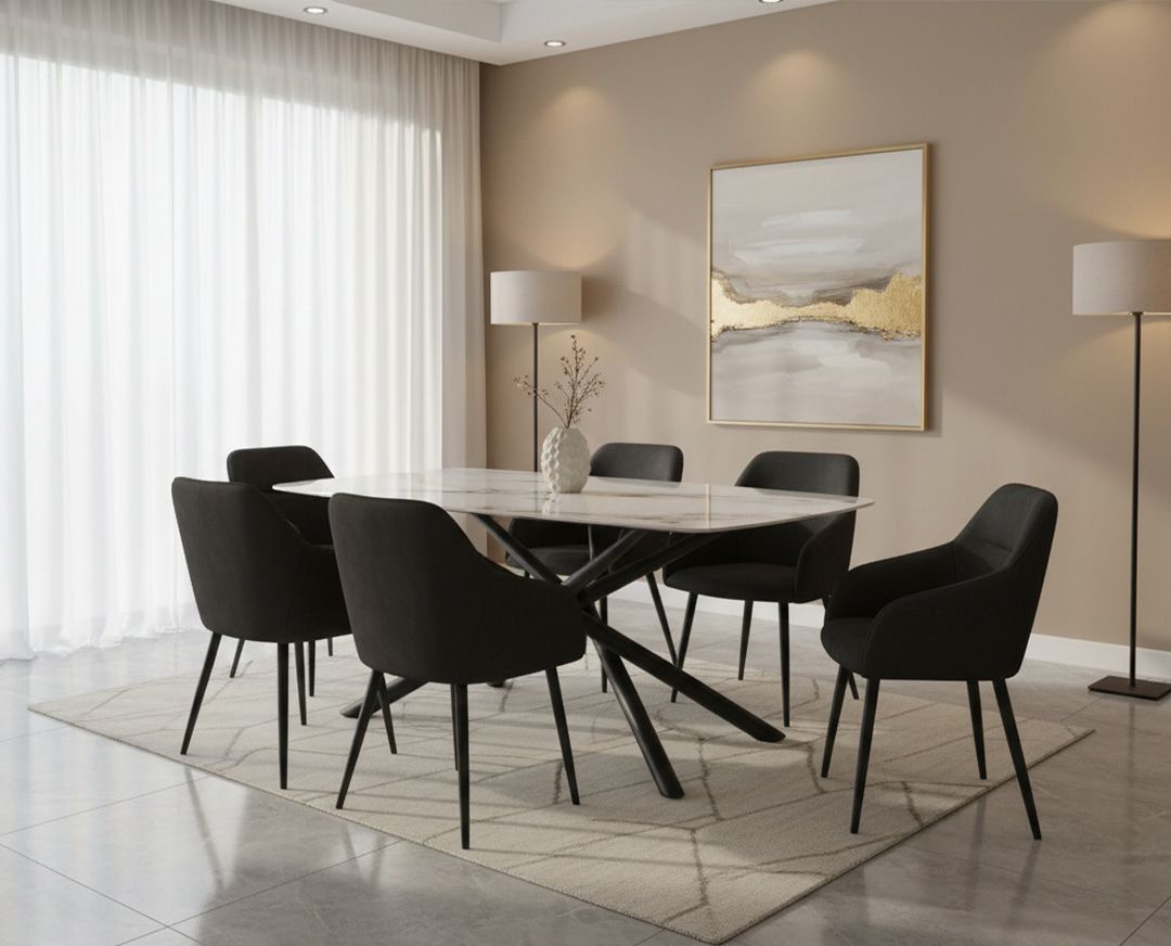 Masa fixa Linus, ceramica alba cu aspect marmorat, 160 x 90 x 76 cm