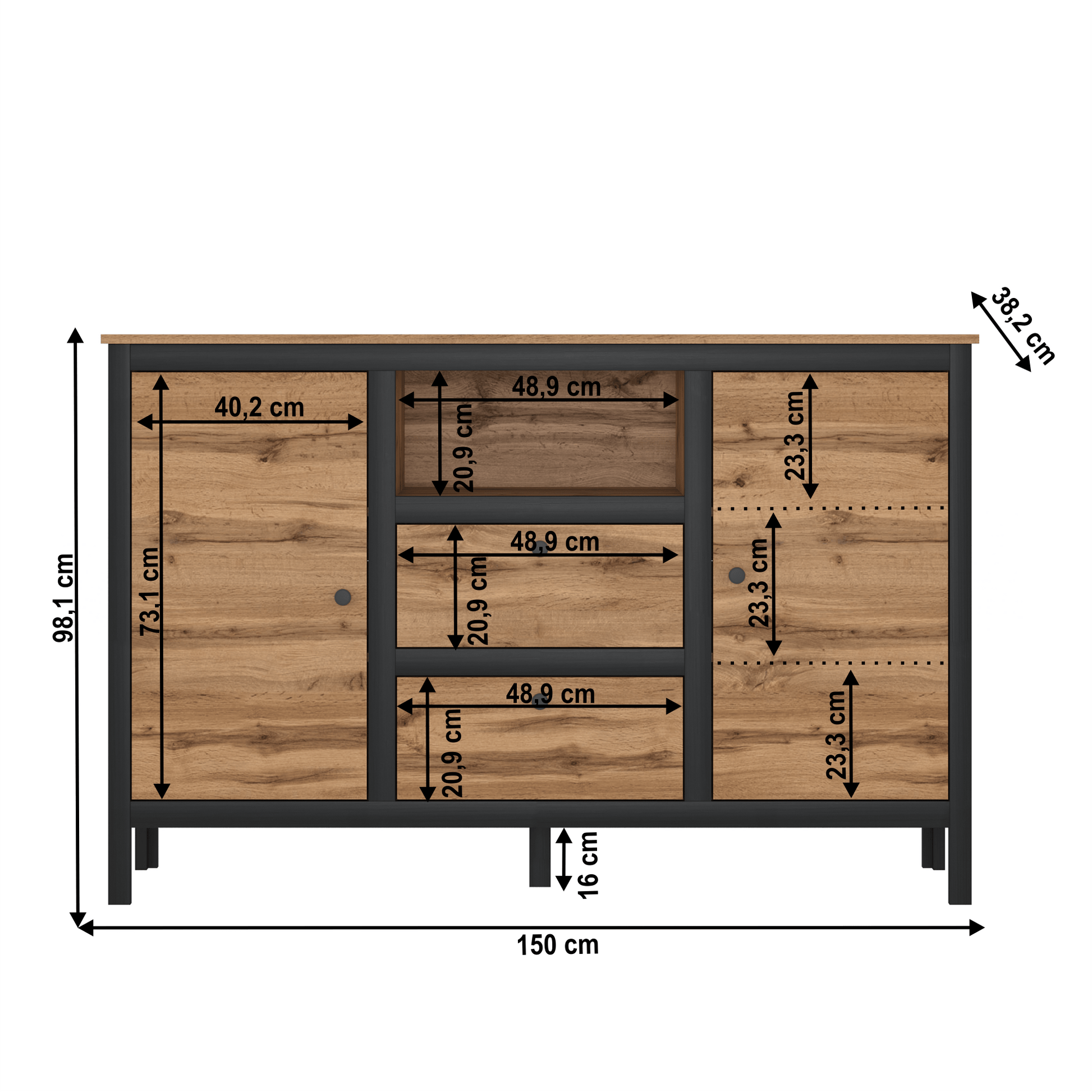 Comodă 2D2S, stejar wotan/ negru, LOFTA