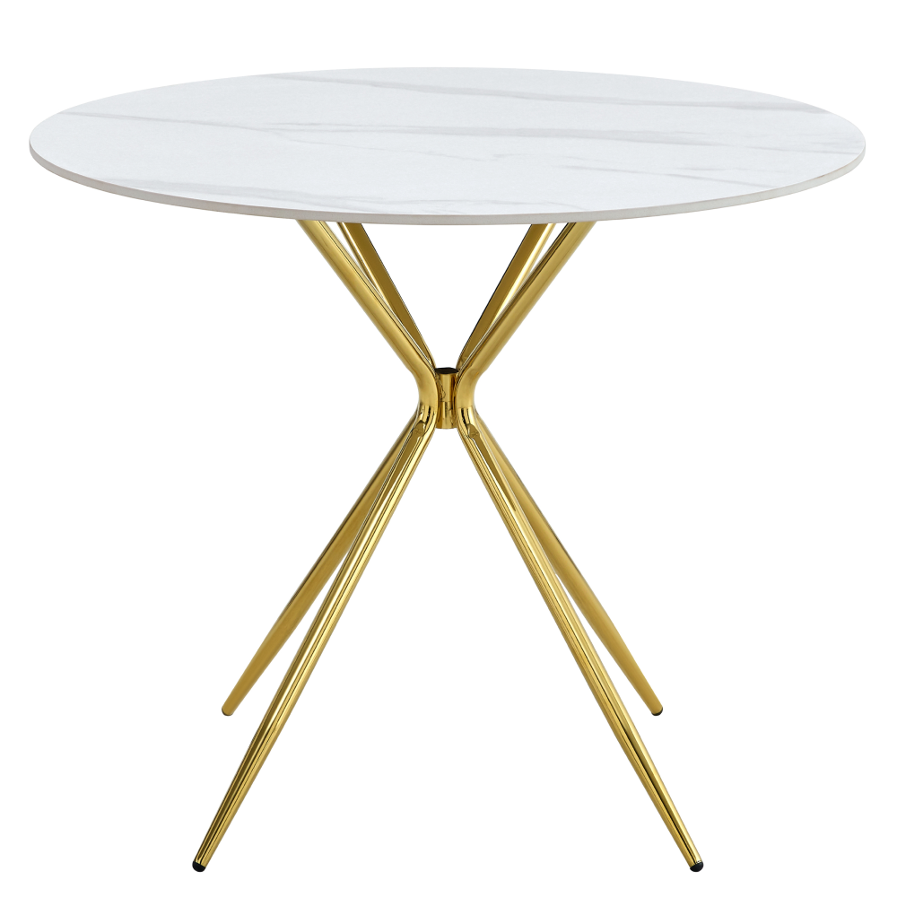 Masă de bucătărie, marmură albă/gold crom aurie, diametru 90 cm, MEKNER